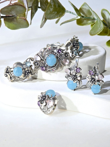 Серебряное кольцо ETERI c аквамарином, аметистом и розовым кварцем